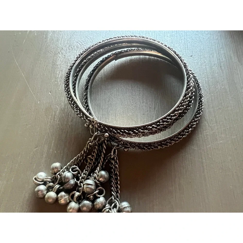 Bangle Bracelet Set 3pc Silver Tone Jingle Bell Charms Boho Ethnic Festival